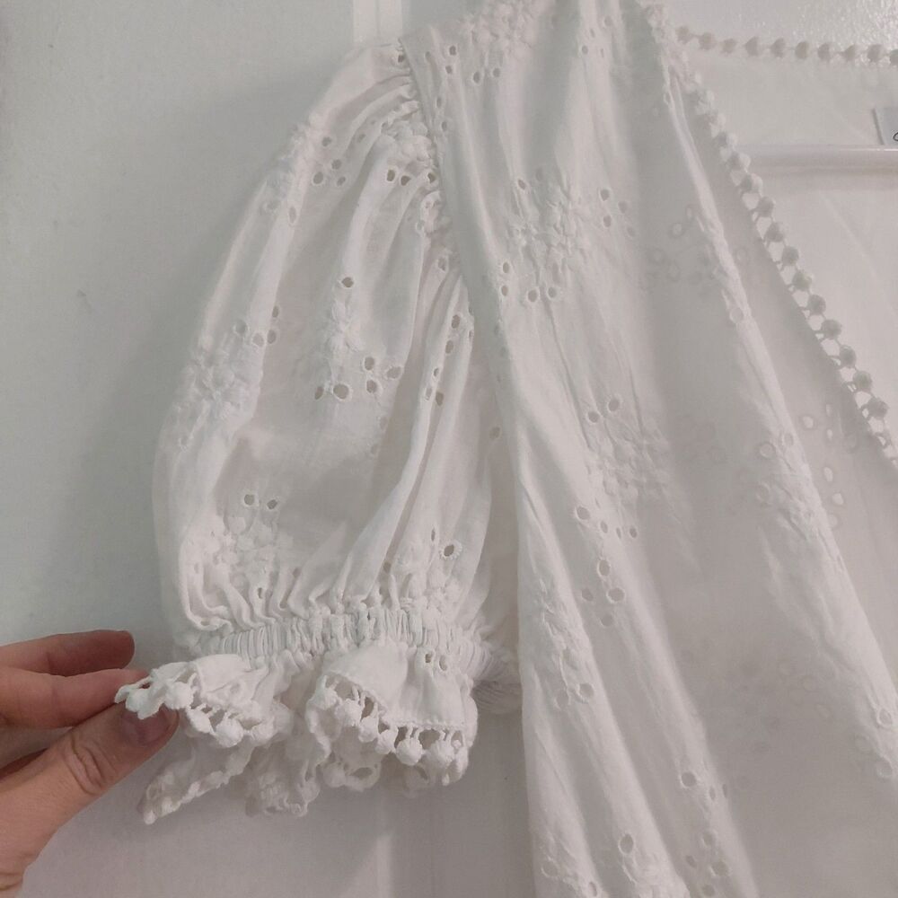 Sabo Skirt White Cotton Eyelet Broderie Mini Dress Cutout Tie Front Puff Sleeve - Picture 5 of 16